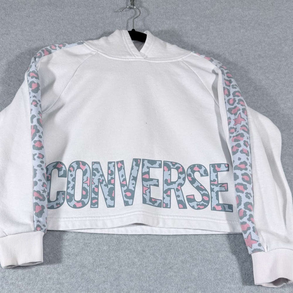 Converse Cropped Hoodie Youth Girls M 10–12 White Leopard Sleeve